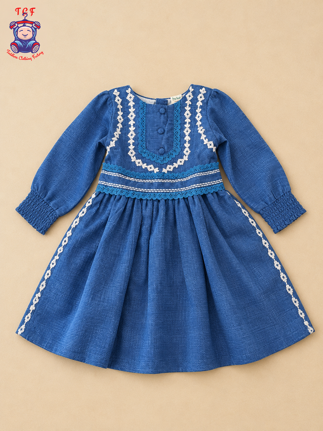 Blue Embroidered Girls Long Sleeve Frock