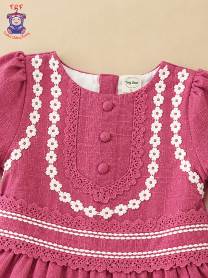Onion Pink Embroidered Girls Long Sleeve Frock