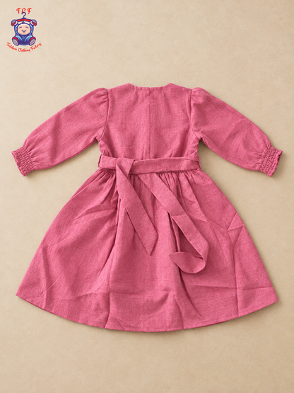 Onion Pink Embroidered Girls Long Sleeve Frock