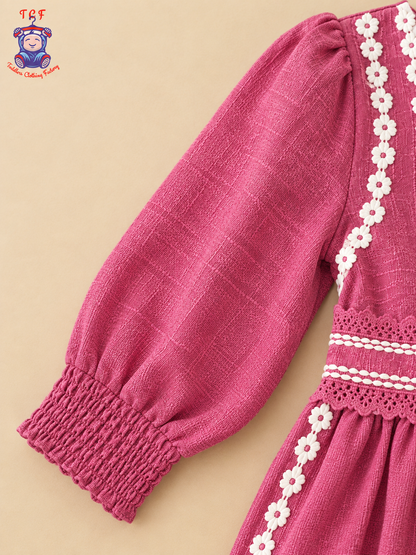 Onion Pink Embroidered Girls Long Sleeve Frock