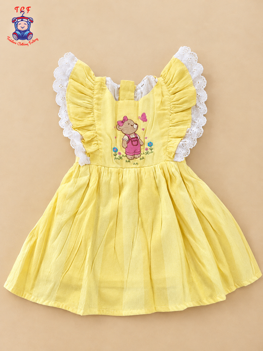 Yellow Teddy Bear Embroidered Girls Dress