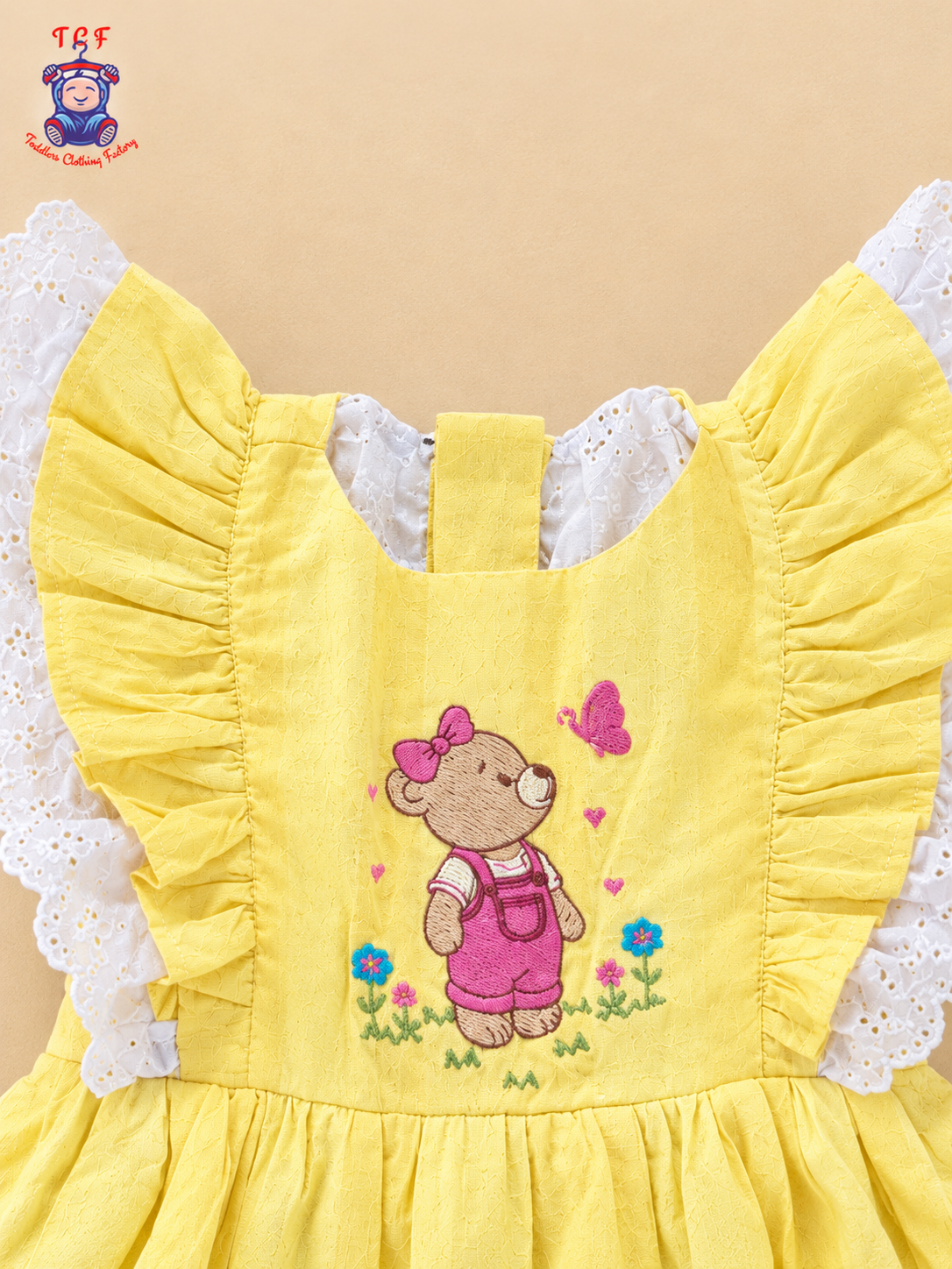 Yellow Teddy Bear Embroidered Girls Dress