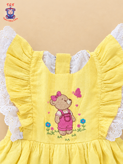Yellow Teddy Bear Embroidered Girls Dress