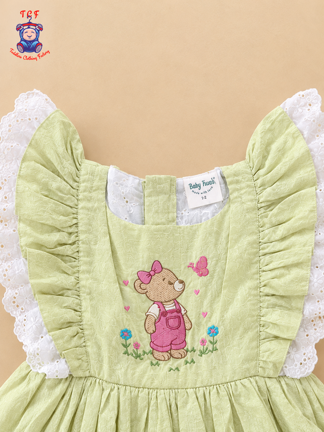 Light Green Teddy Bear Embroidered Girls Frock