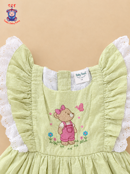 Light Green Teddy Bear Embroidered Girls Frock