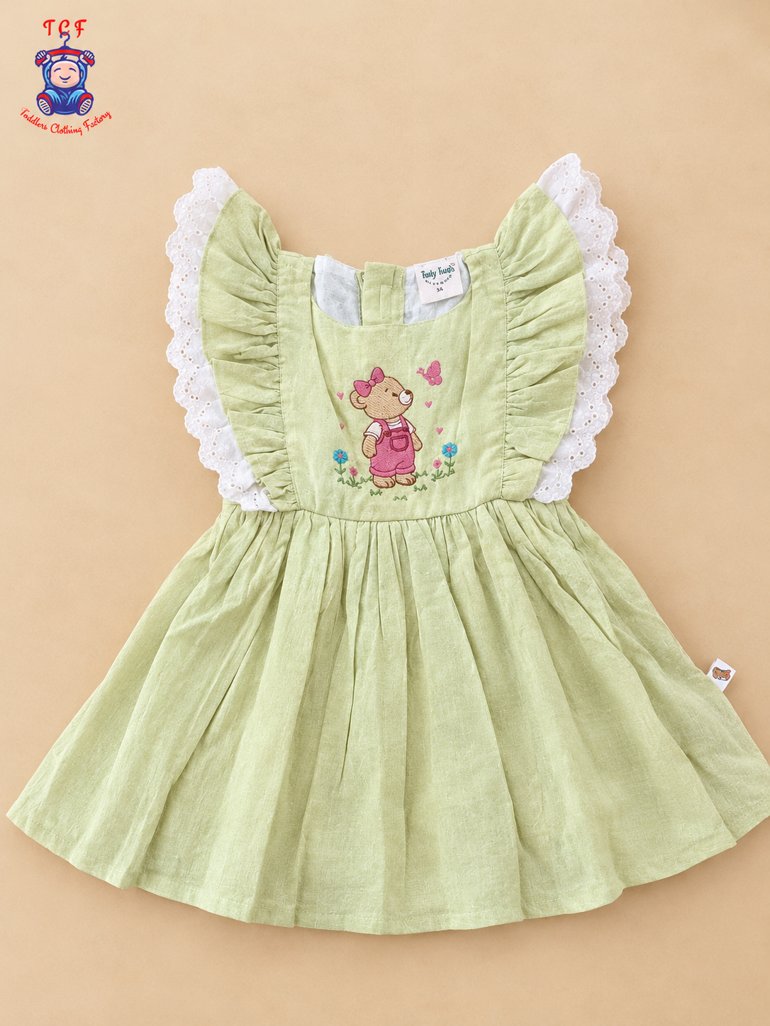 Light Green Teddy Bear Embroidered Girls Frock