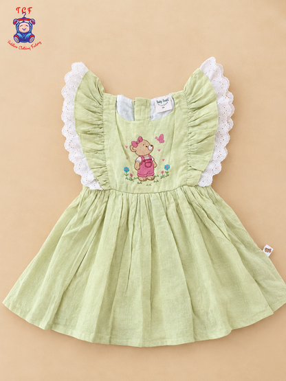Light Green Teddy Bear Embroidered Girls Frock