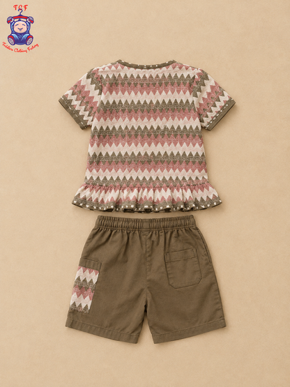 Girls Olive Green Zigzag Printed Top & Shorts Co-Ord Set