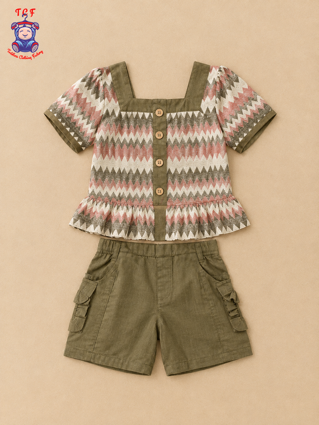 Girls Olive Green Zigzag Printed Top & Shorts Co-Ord Set