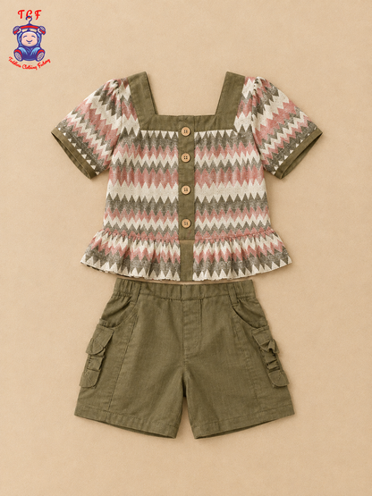 Girls Olive Green Zigzag Printed Top & Shorts Co-Ord Set