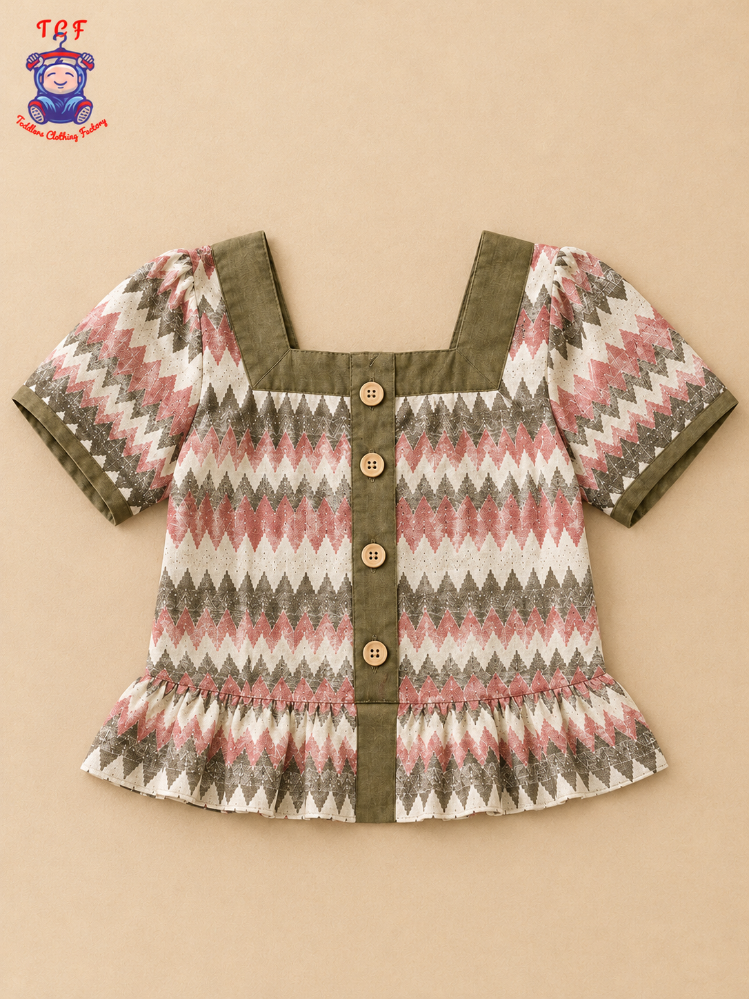 Girls Olive Green Zigzag Printed Top & Shorts Co-Ord Set