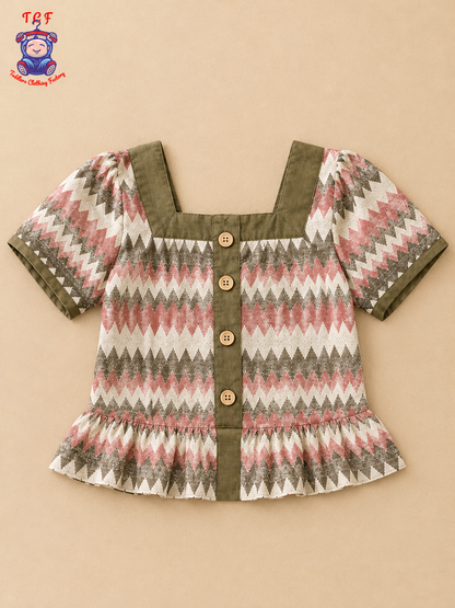 Girls Olive Green Zigzag Printed Top & Shorts Co-Ord Set