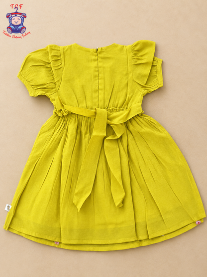 Mustard Yellow Floral Embroidered Girls Frock – Ruffle Hem Dress