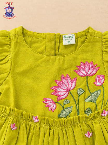 Mustard Yellow Floral Embroidered Girls Frock – Ruffle Hem Dress