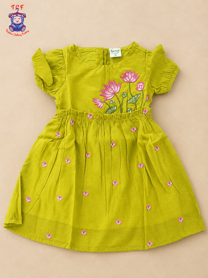 Mustard Yellow Floral Embroidered Girls Frock – Ruffle Hem Dress