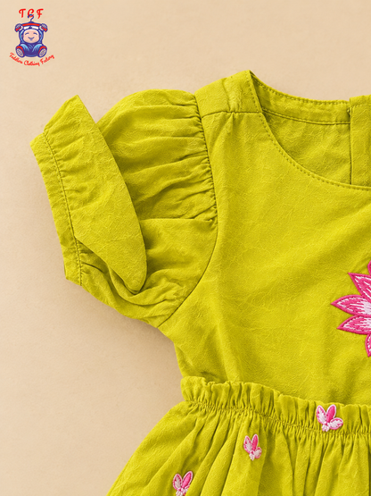 Mustard Yellow Floral Embroidered Girls Frock – Ruffle Hem Dress