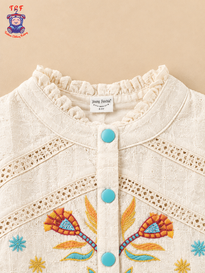 Cream Floral Embroidered Girls Co-Ord Set with Multicolour Geometric Borders