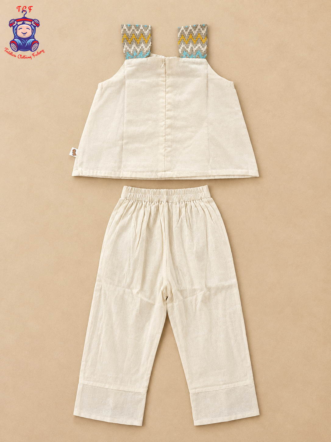 Cream Floral Embroidered Girls Co-Ord Set with Multicolour Geometric Borders