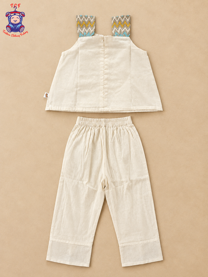 Cream Floral Embroidered Girls Co-Ord Set with Multicolour Geometric Borders