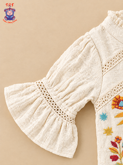 Cream Floral Embroidered Girls Co-Ord Set with Multicolour Geometric Borders