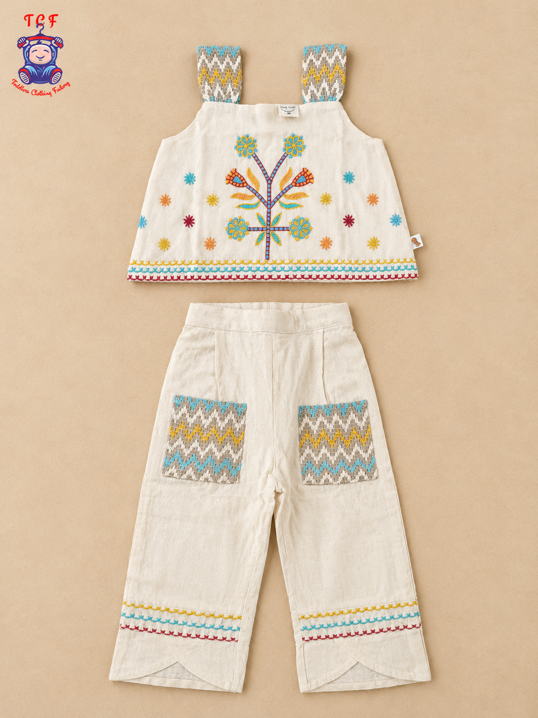 Cream Floral Embroidered Girls Co-Ord Set with Multicolour Geometric Borders