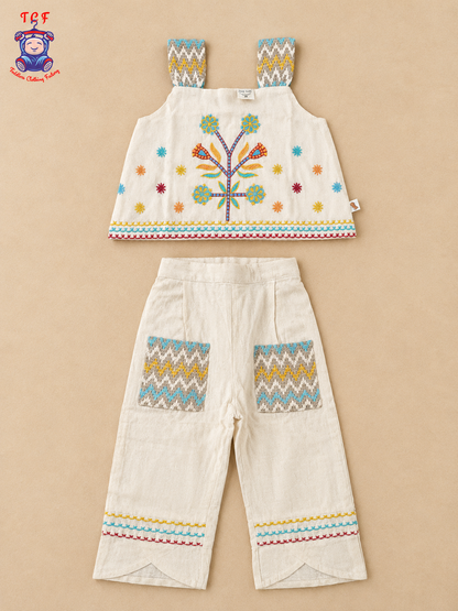 Cream Floral Embroidered Girls Co-Ord Set with Multicolour Geometric Borders