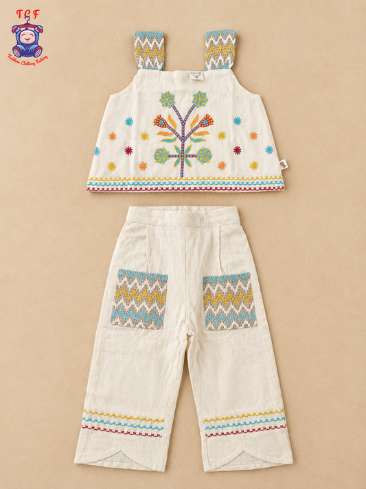 Cream Floral Embroidered Girls Co-Ord Set with Multicolour Geometric Borders