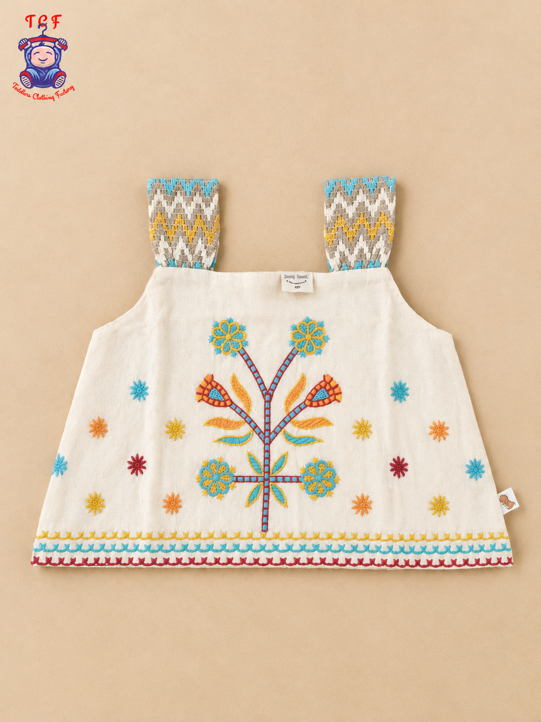 Cream Floral Embroidered Girls Co-Ord Set with Multicolour Geometric Borders
