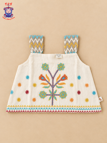 Cream Floral Embroidered Girls Co-Ord Set with Multicolour Geometric Borders