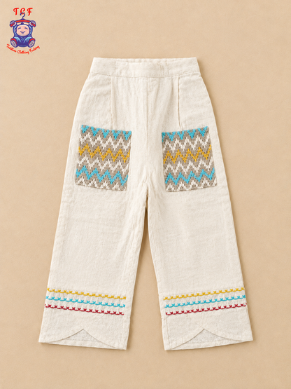 Cream Floral Embroidered Girls Co-Ord Set with Multicolour Geometric Borders