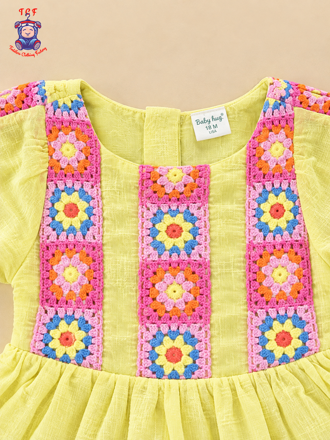 Pastel Yellow Girls Floral Crochet Embroidered Frock