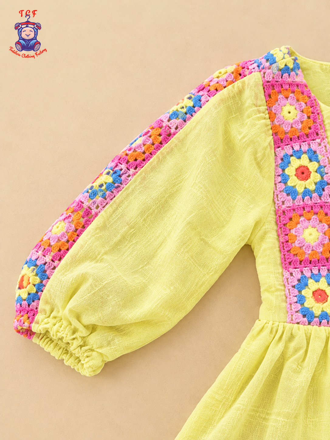 Pastel Yellow Girls Floral Crochet Embroidered Frock