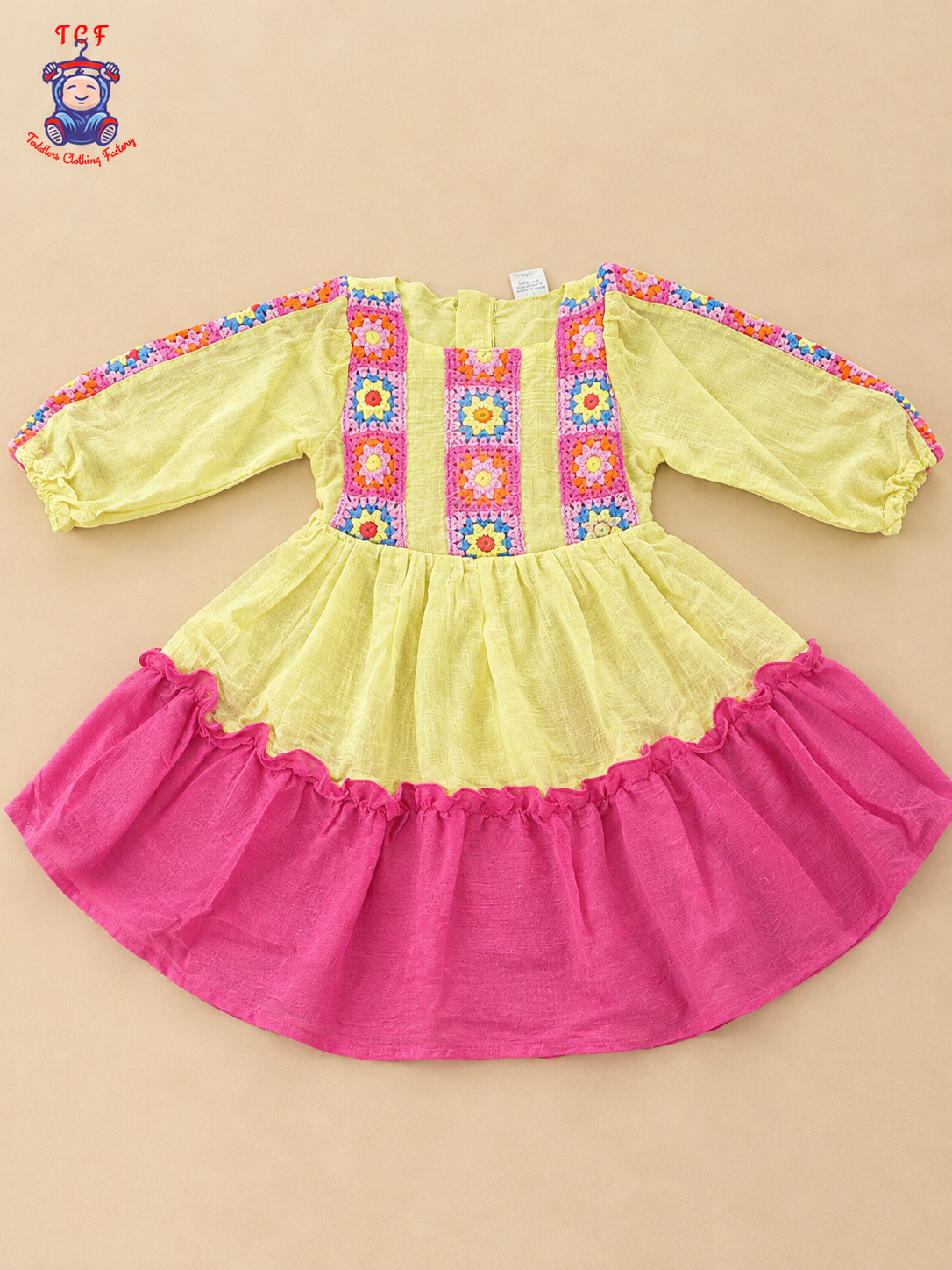 Pastel Yellow Girls Floral Crochet Embroidered Frock