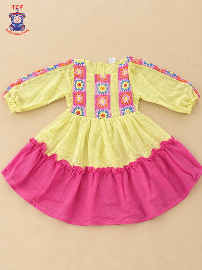 Pastel Yellow Girls Floral Crochet Embroidered Frock