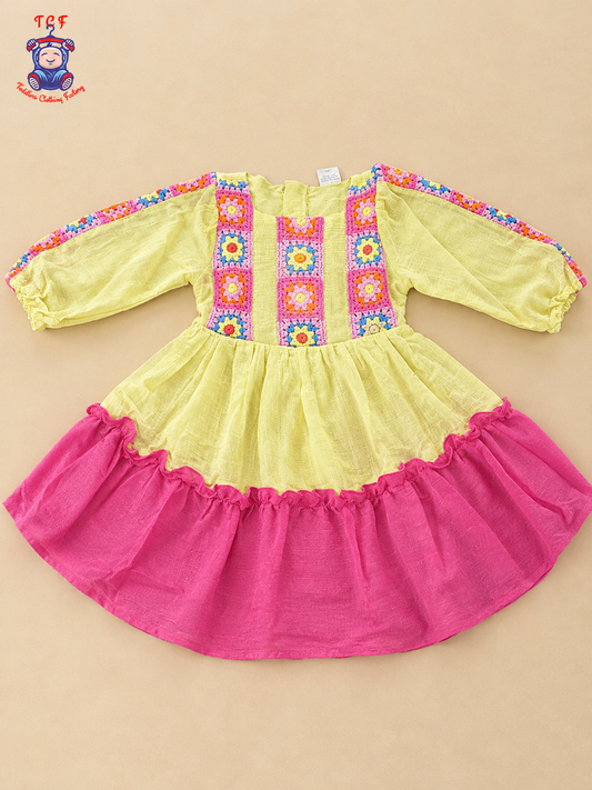 Pastel Yellow Girls Floral Crochet Embroidered Frock
