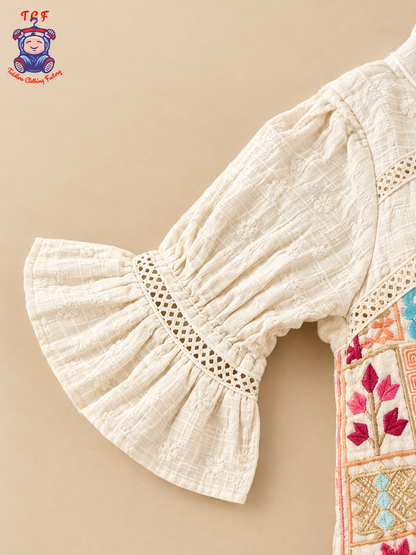 Cream Girls Printed Top & Palazzo Co-Ord Set with Flared Sleeves