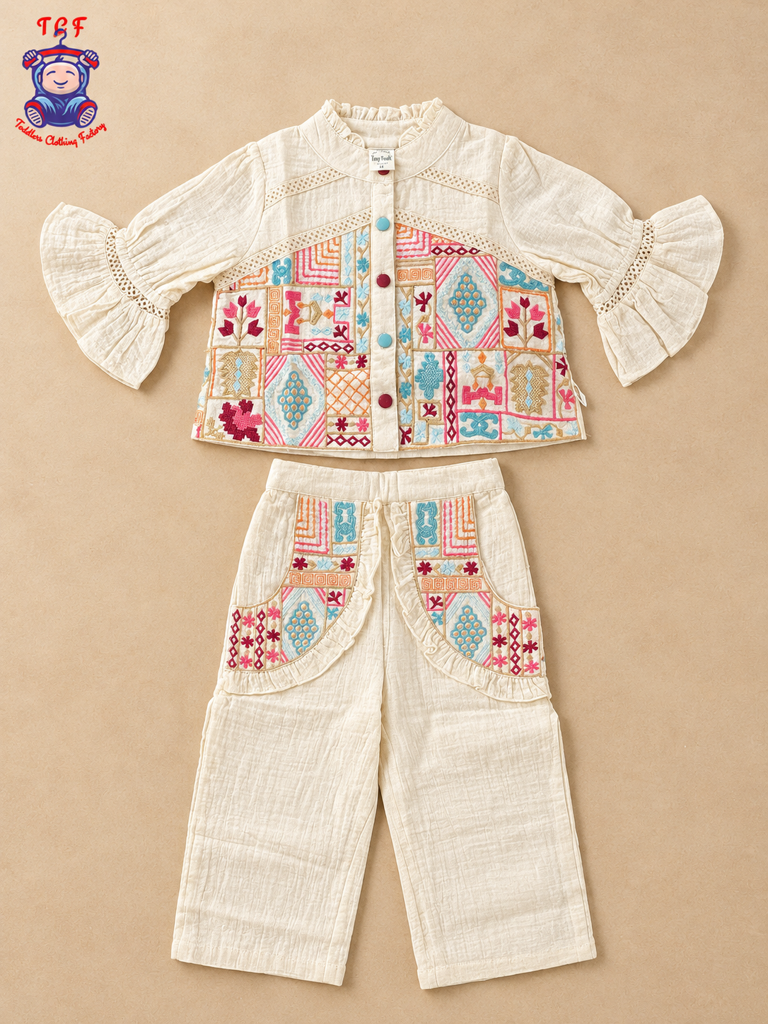 Cream Girls Printed Top & Palazzo Co-Ord Set with Flared Sleeves