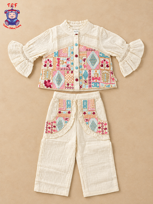 Cream Girls Printed Top & Palazzo Co-Ord Set with Flared Sleeves