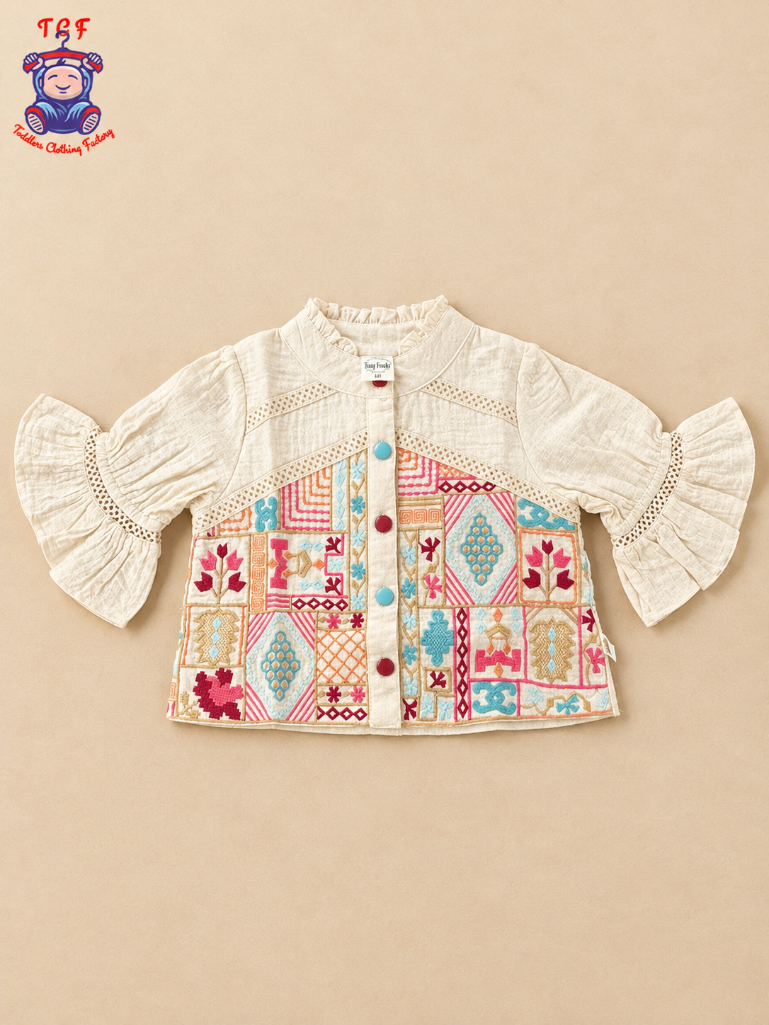 Cream Girls Printed Top & Palazzo Co-Ord Set with Flared Sleeves