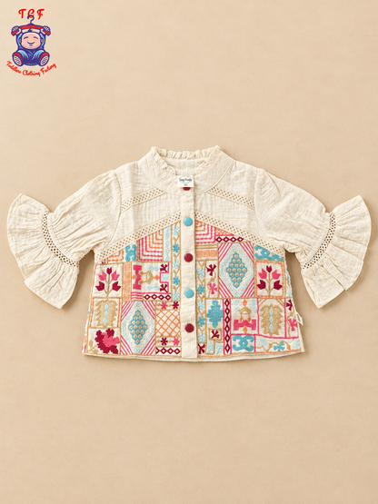 Cream Girls Printed Top & Palazzo Co-Ord Set with Flared Sleeves
