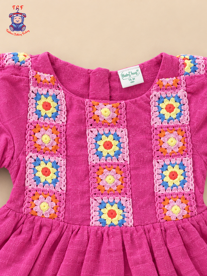 Pink Girls Floral Crochet Embroidered Frock