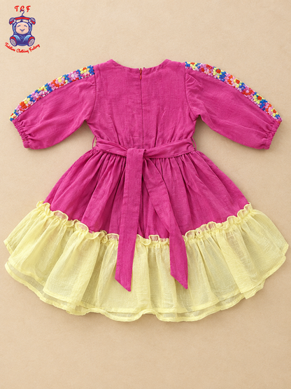 Pink Girls Floral Crochet Embroidered Frock