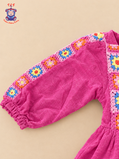 Pink Girls Floral Crochet Embroidered Frock