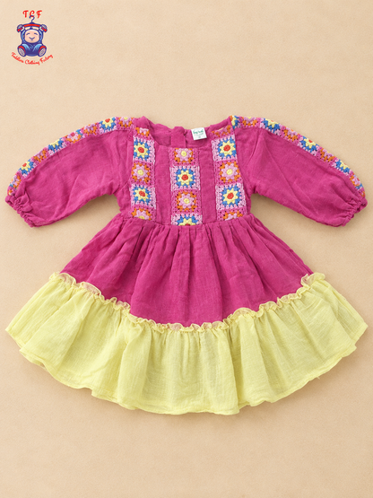 Pink Girls Floral Crochet Embroidered Frock
