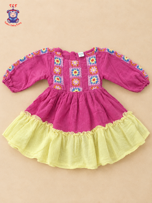 Pink Girls Floral Crochet Embroidered Frock