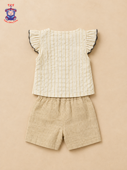 Girls Beige Floral Embroidered Top & Shorts Co-Ord Set with Ruffle Sleeves