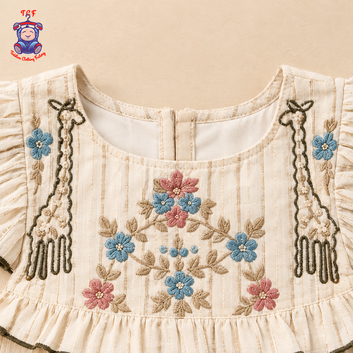 Girls Beige Floral Embroidered Top & Shorts Co-Ord Set with Ruffle Sleeves