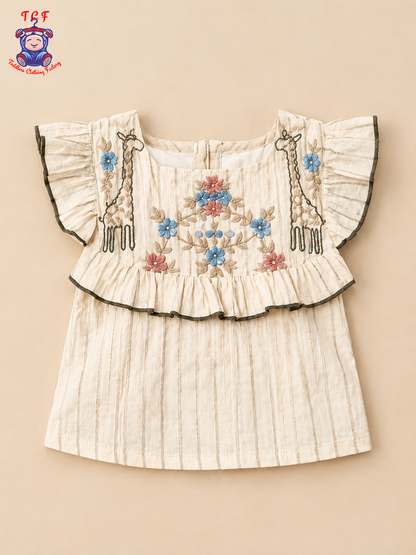 Girls Beige Floral Embroidered Top & Shorts Co-Ord Set with Ruffle Sleeves