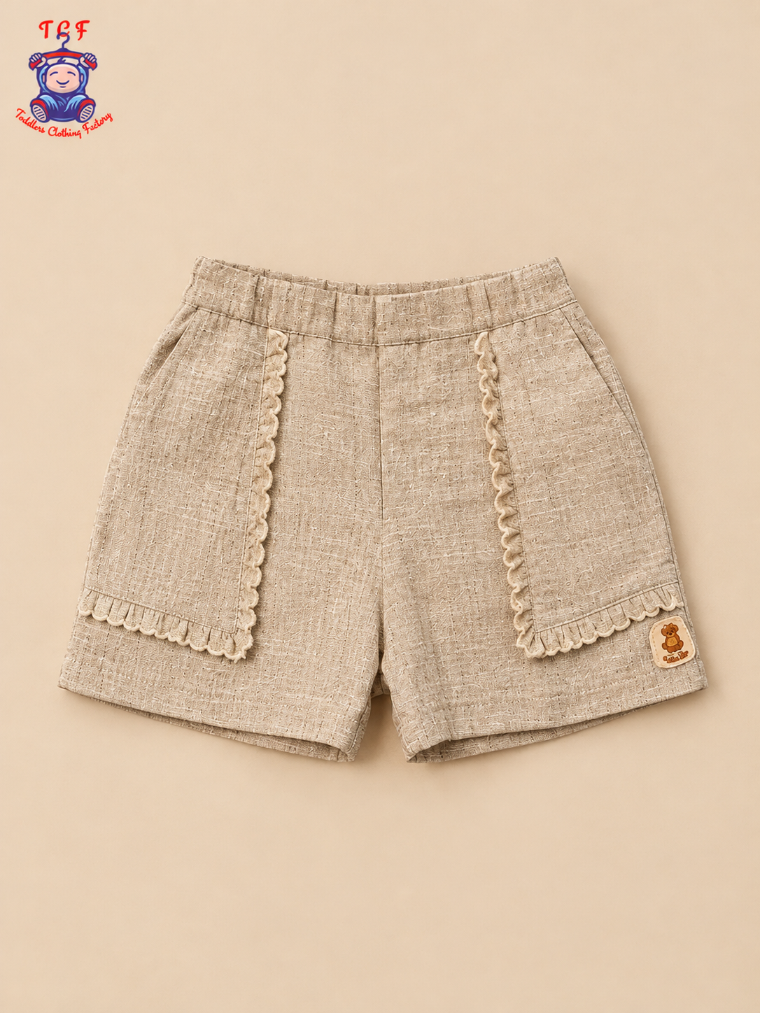 Girls Beige Floral Embroidered Top & Shorts Co-Ord Set with Ruffle Sleeves