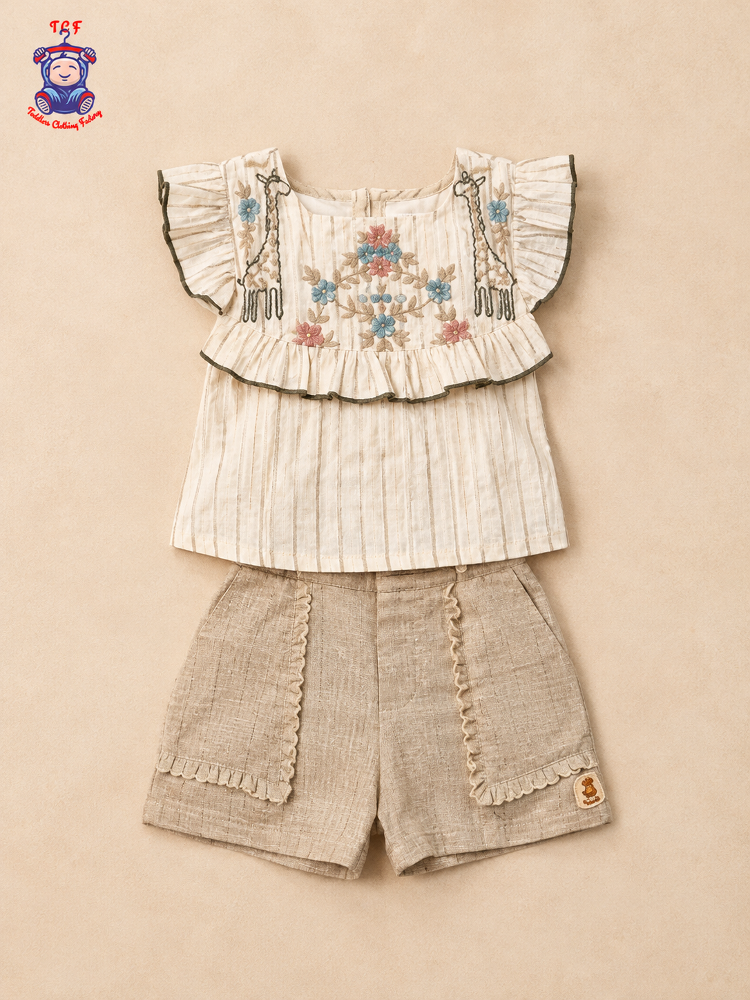 Girls Beige Floral Embroidered Top & Shorts Co-Ord Set with Ruffle Sleeves